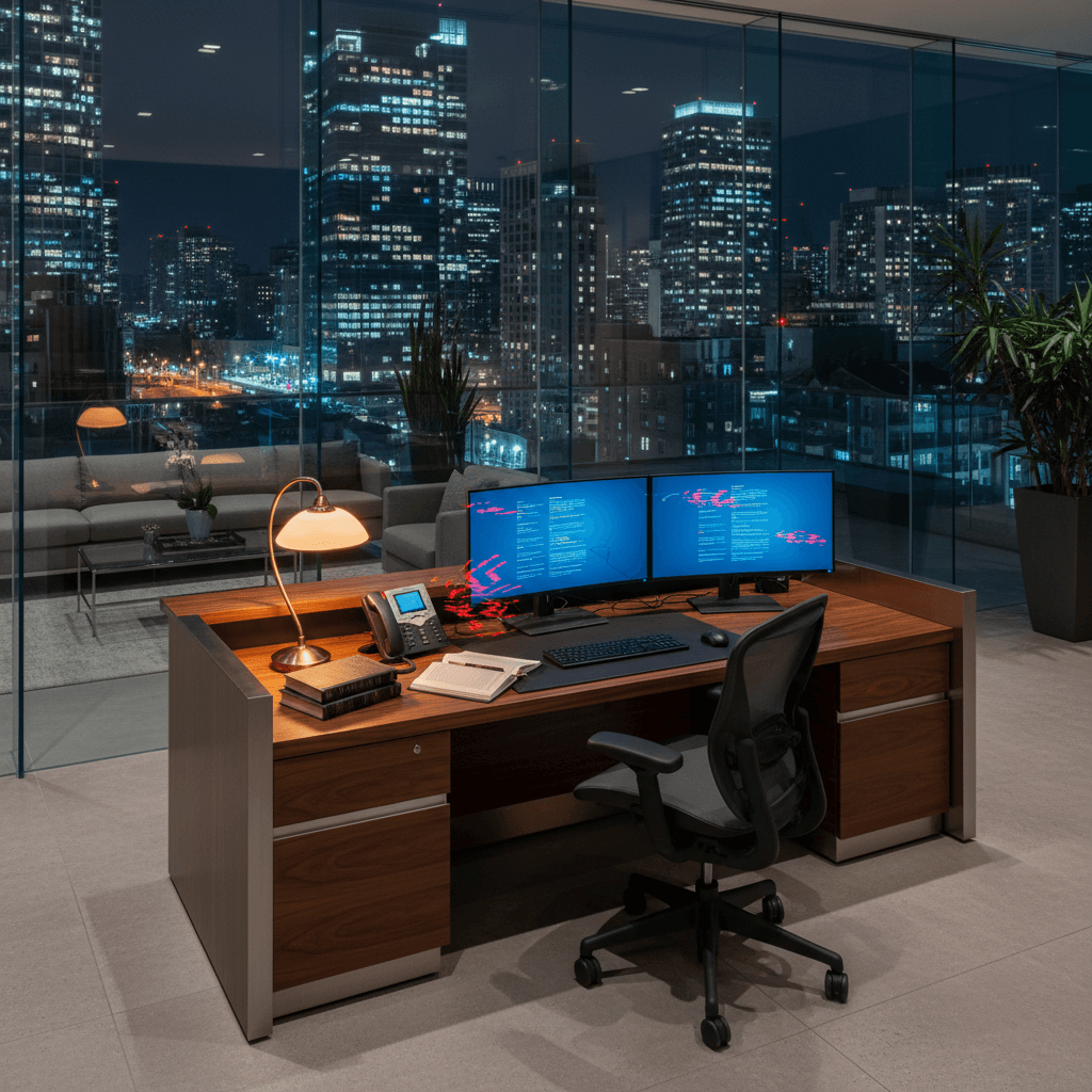 Modern law firm reception desk at night with phone showing missed calls